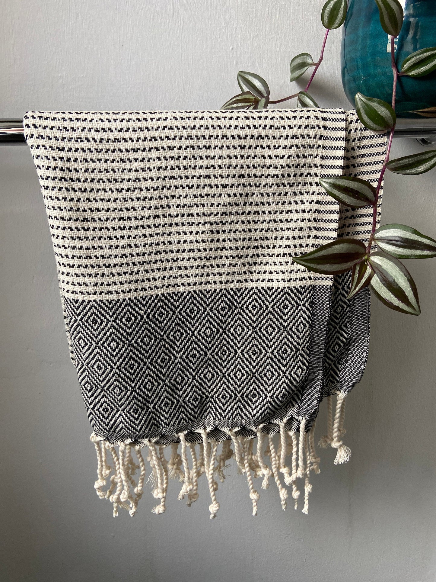 Diamond Striped Design Black Hand Towel - Kitchen Towel - Bathroom Hand Towel - Cotton Towel