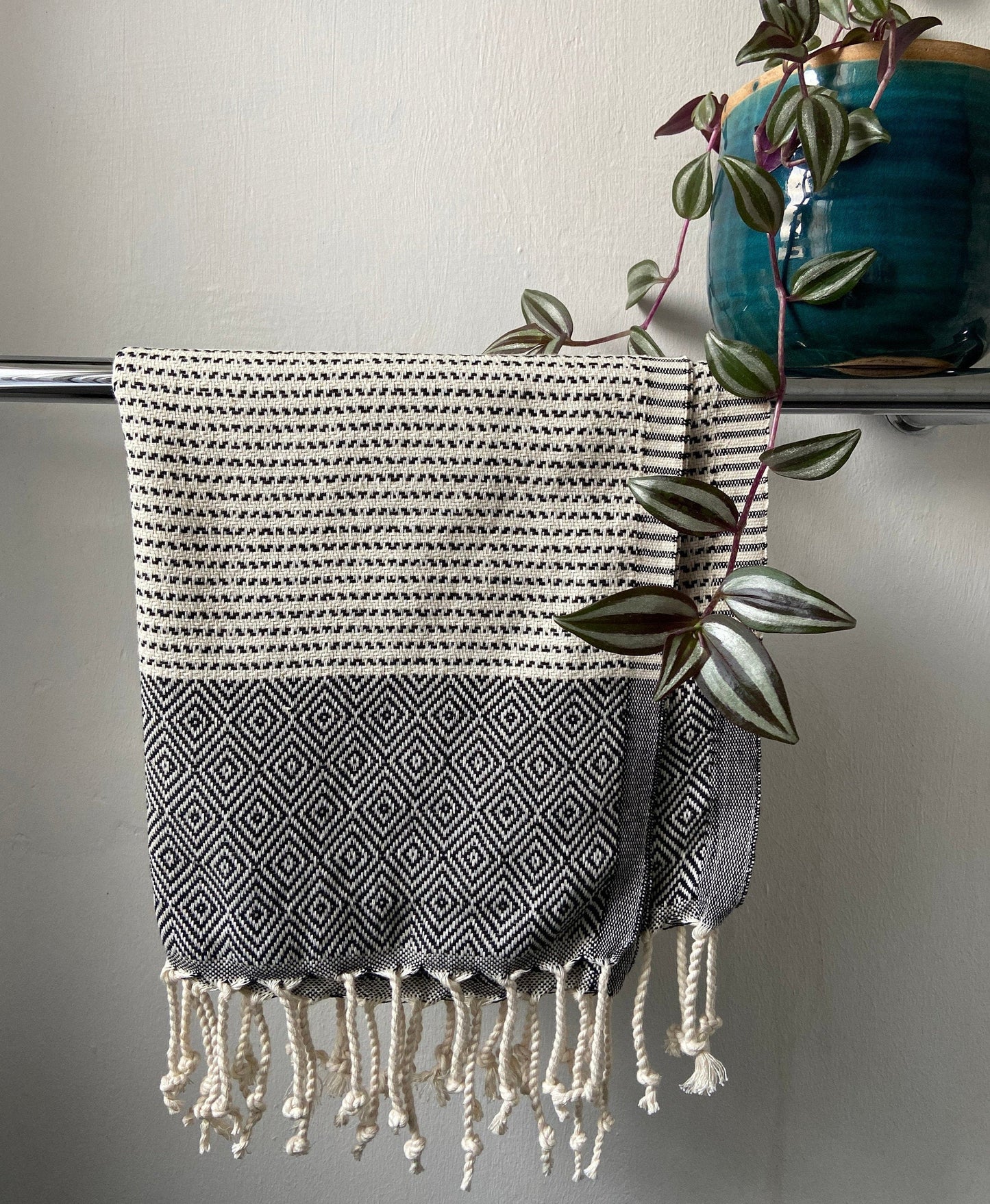 Diamond Striped Design Black Hand Towel - Kitchen Towel - Bathroom Hand Towel - Cotton Towel