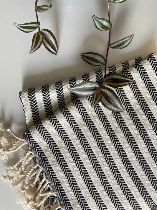 Striped Design Black Hand Towel - Kitchen Towel - Bathroom Hand Towel - Cotton Towel
