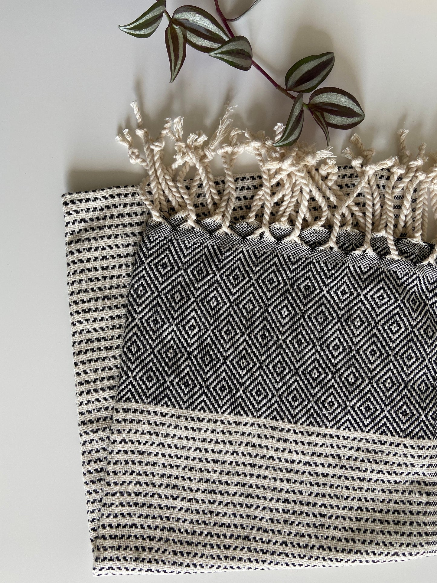 Diamond Striped Design Black Hand Towel - Kitchen Towel - Bathroom Hand Towel - Cotton Towel
