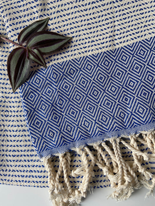 Diamond Striped Design Blue Hand Towel - Kitchen Towel - Bathroom Hand Towel - Cotton Towel