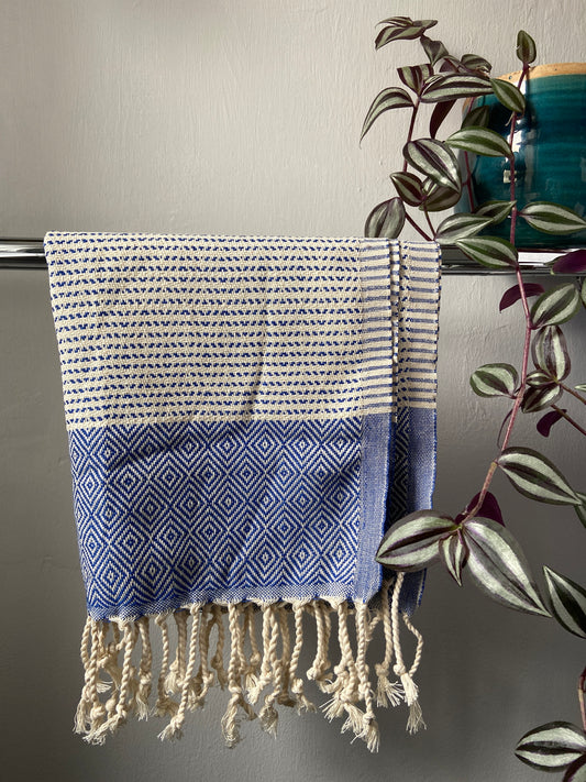 Diamond Striped Design Blue Hand Towel - Kitchen Towel - Bathroom Hand Towel - Cotton Towel