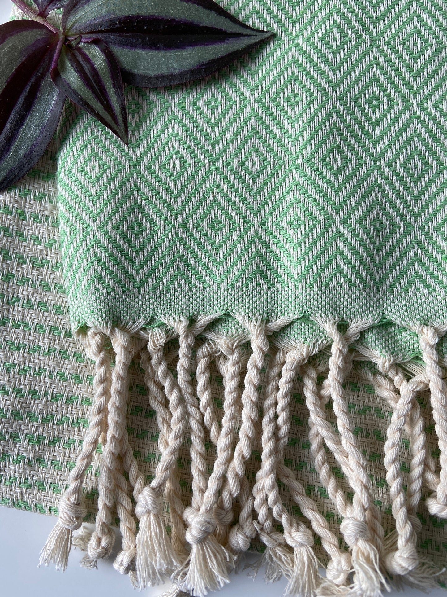 Diamond Striped Design Green Hand Towel - Kitchen Towel - Bathroom Hand Towel - Cotton Towel