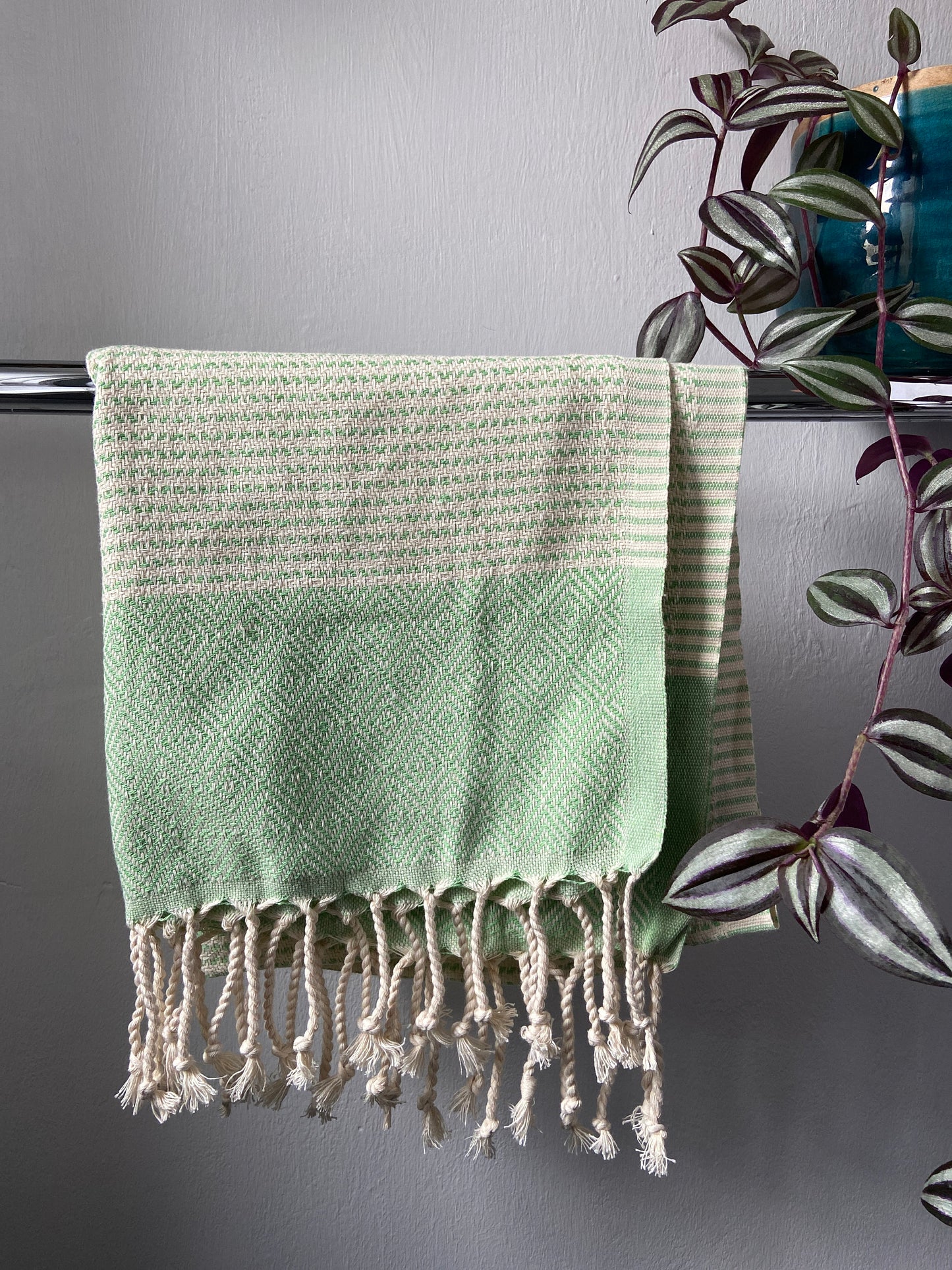 Diamond Striped Design Green Hand Towel - Kitchen Towel - Bathroom Hand Towel - Cotton Towel