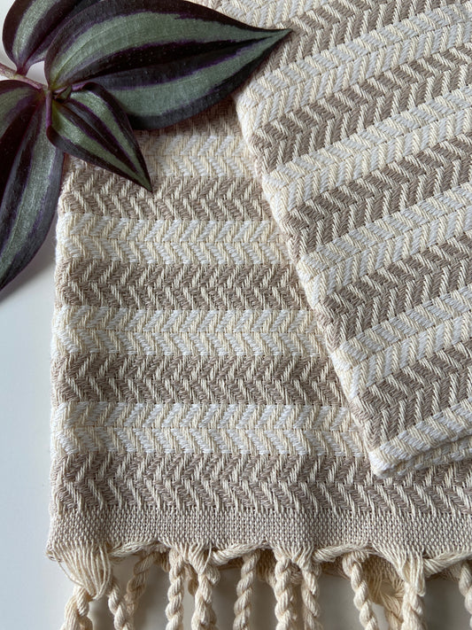 Striped Design Cream Hand Towel - Kitchen Towel - Bathroom Hand Towel - Cotton Towel