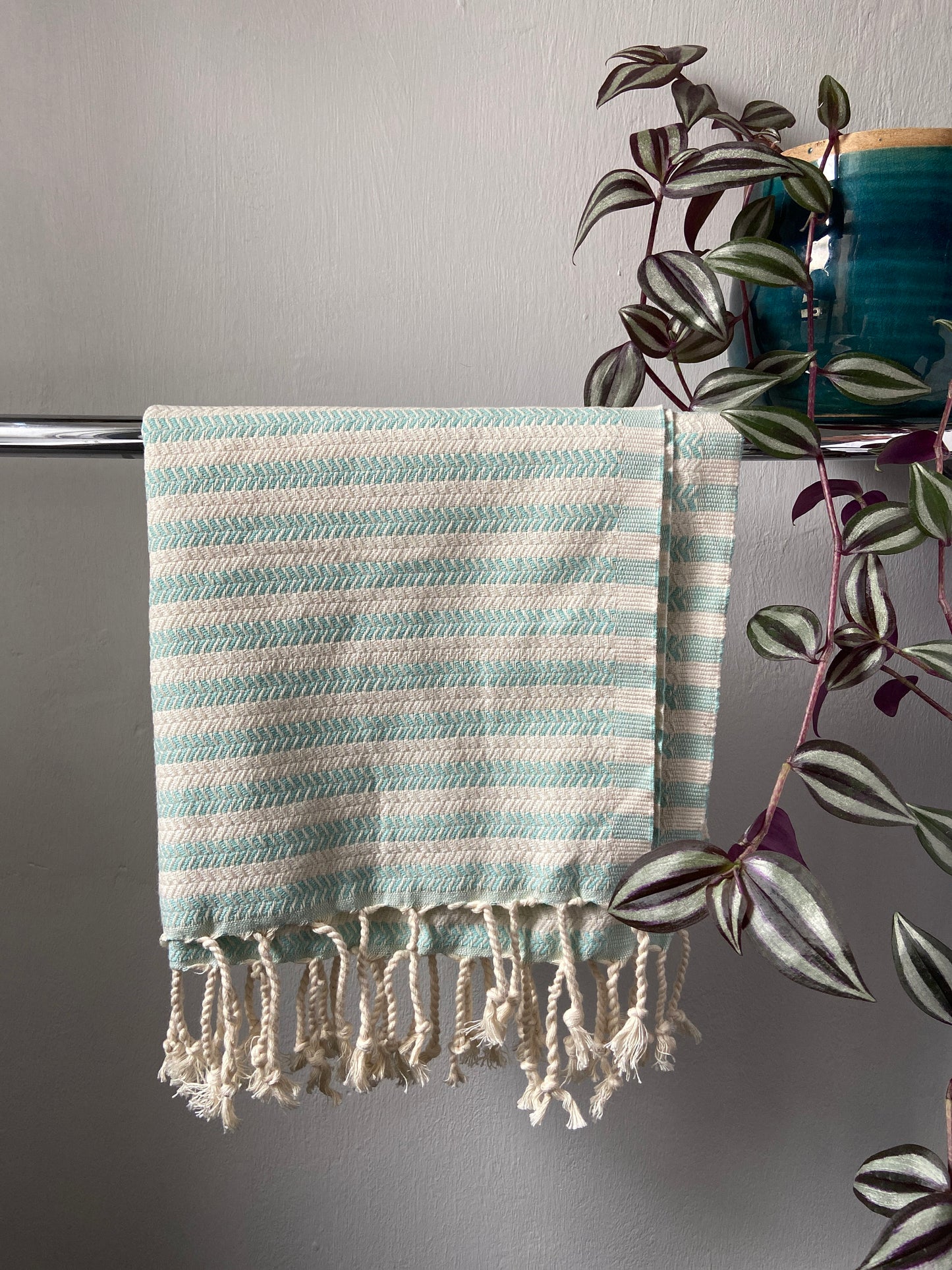 Striped Design Turquoise Hand Towel - Kitchen Towel - Bathroom Hand Towel - Cotton Towel