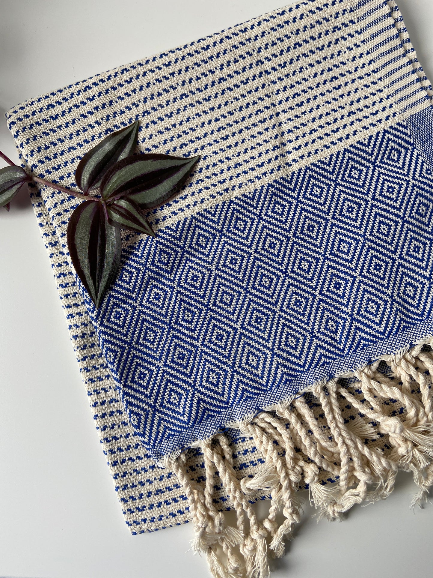 Diamond Striped Design Blue Hand Towel - Kitchen Towel - Bathroom Hand Towel - Cotton Towel