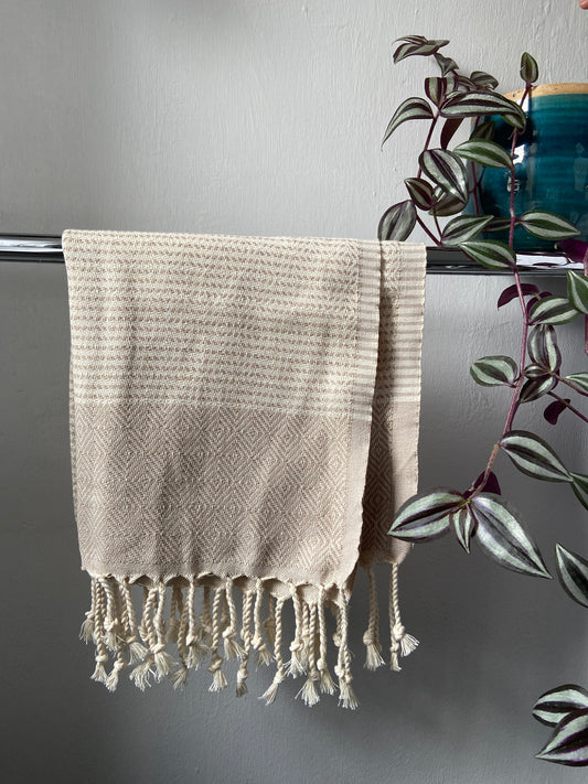 Diamond Striped Design Cream Hand Towel - Kitchen Towel - Bathroom Hand Towel - Cotton Towel