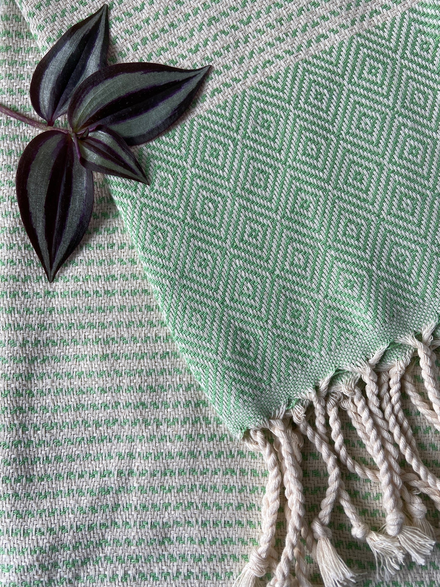 Diamond Striped Design Green Hand Towel - Kitchen Towel - Bathroom Hand Towel - Cotton Towel