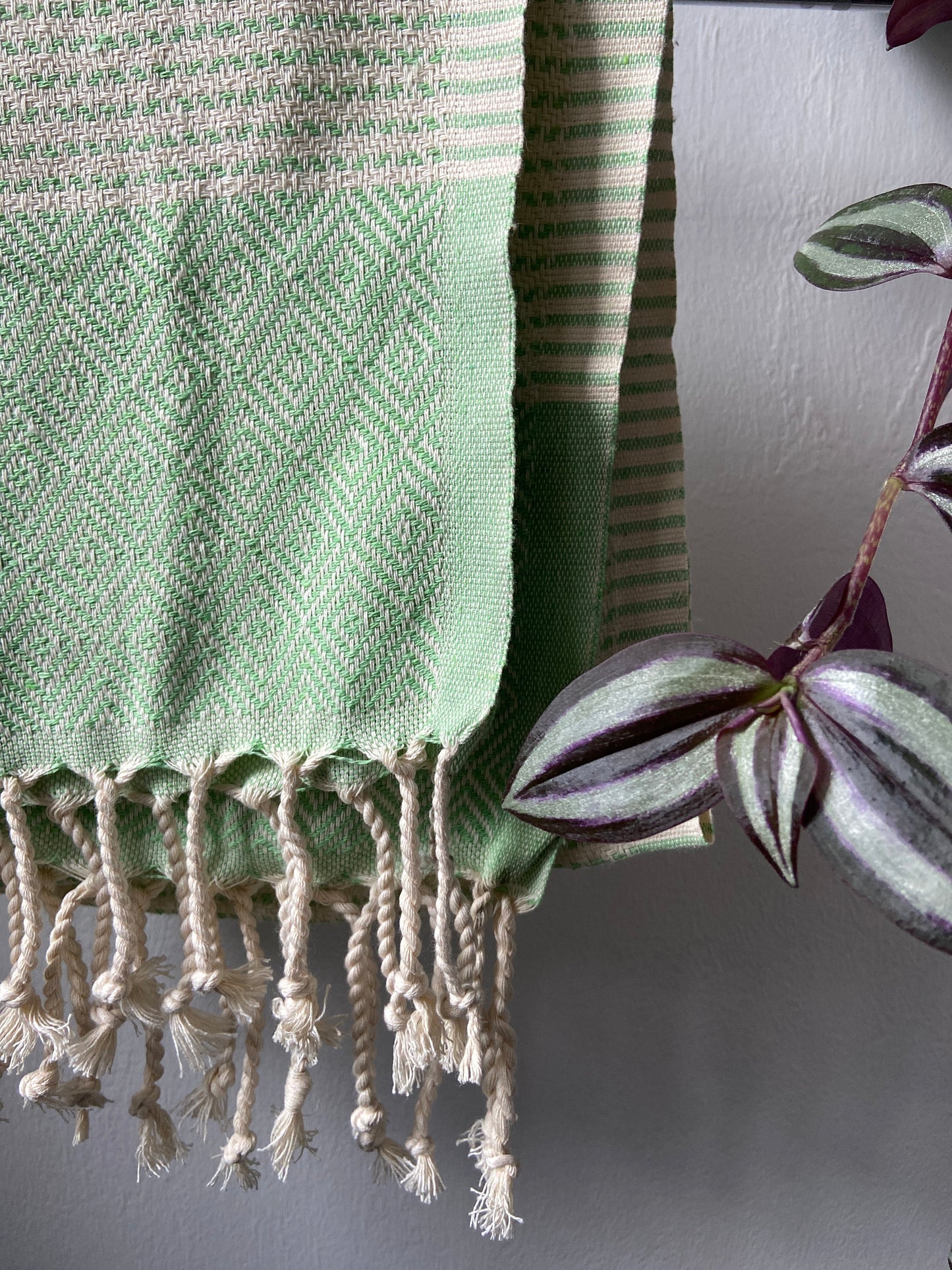 Diamond Striped Design Green Hand Towel - Kitchen Towel - Bathroom Hand Towel - Cotton Towel