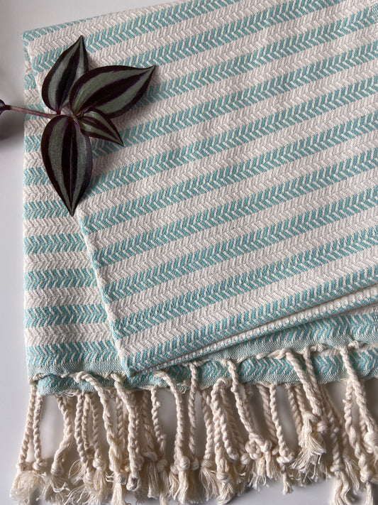 Striped Design Turquoise Hand Towel - Kitchen Towel - Bathroom Hand Towel - Cotton Towel