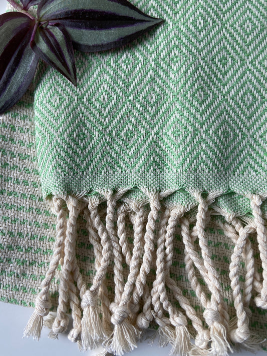 Diamond Striped Design Green Hand Towel - Kitchen Towel - Bathroom Hand Towel - Cotton Towel