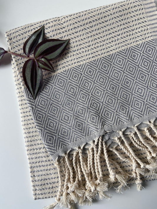 Diamond Striped Design Grey Hand Towel - Kitchen Towel - Bathroom Hand Towel - Cotton Towel